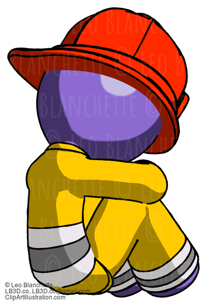 Purple Firefighter Fireman Man Sitting With Head Down Back View Facing Right #13841