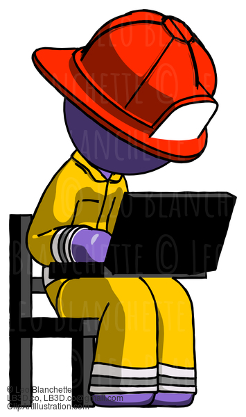 Purple Firefighter Fireman Man Using Laptop Computer While Sitting In Chair Angled Right #13848