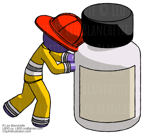 Purple Firefighter Fireman Man Pushing Large Medicine Bottle #13849