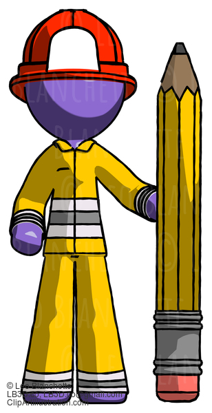 Purple Firefighter Fireman Man With Large Pencil Standing Ready To Write #13851