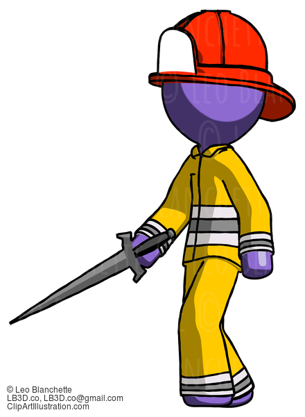 Purple Firefighter Fireman Man With Sword Walking Confidently #13852