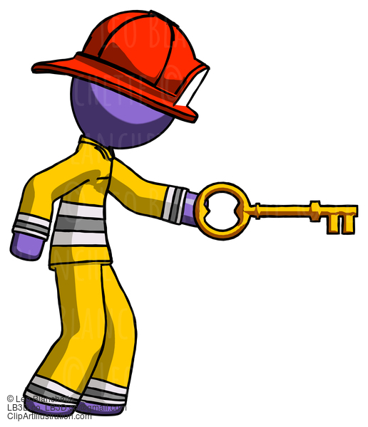 Purple Firefighter Fireman Man With Big Key Of Gold Opening Something #13866