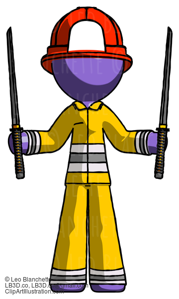 Purple Firefighter Fireman Man Posing With Two Ninja Sword Katanas Up #13867