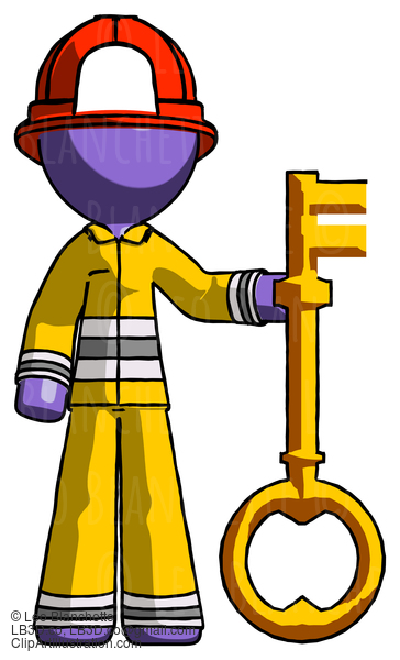 Purple Firefighter Fireman Man Holding Key Made Of Gold #13870