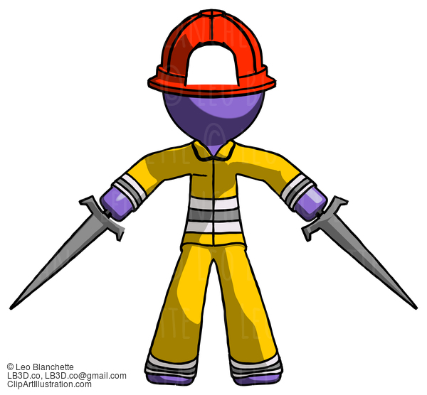 Purple Firefighter Fireman Man Two Sword Defense Pose #13872