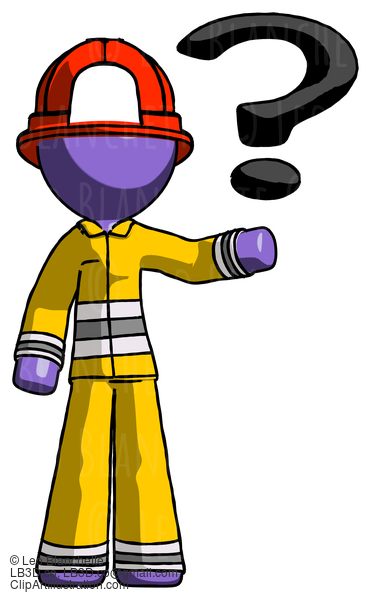 Purple Firefighter Fireman Man Holding Question Mark To Right #13876