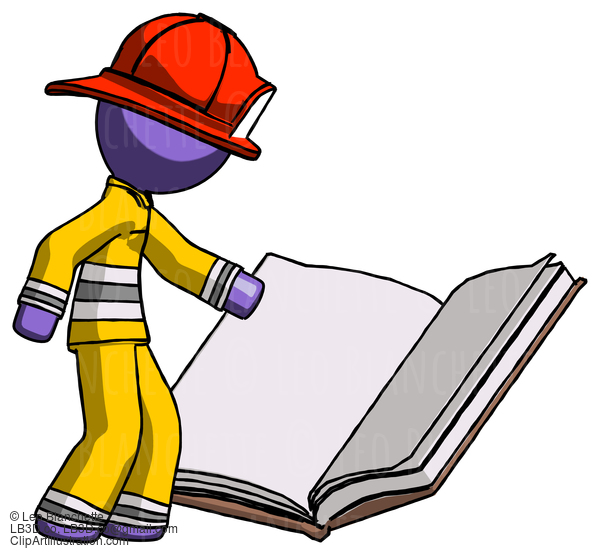 Purple Firefighter Fireman Man Reading Big Book While Standing Beside It #13882