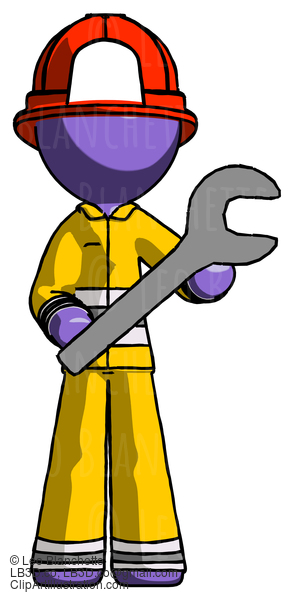 Purple Firefighter Fireman Man Holding Large Wrench With Both Hands #13886