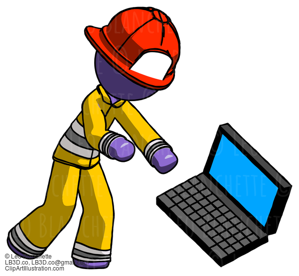 Purple Firefighter Fireman Man Throwing Laptop Computer In Frustration #13887