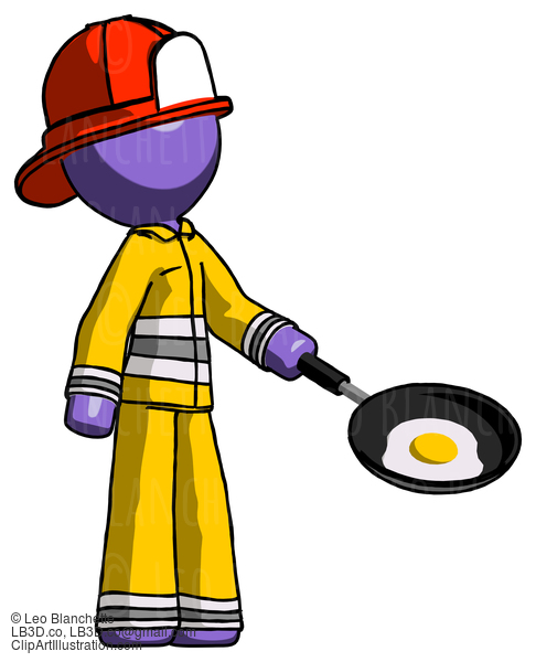 Purple Firefighter Fireman Man Frying Egg In Pan Or Wok Facing Right #13889