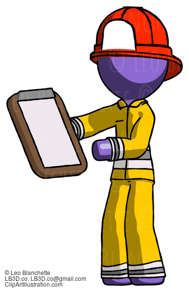 Purple Firefighter Fireman Man Reviewing Stuff On Clipboard #13890