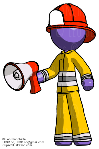 Purple Firefighter Fireman Man Holding Megaphone Bullhorn Facing Right #13902