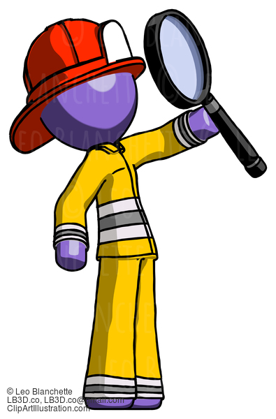 Purple Firefighter Fireman Man Inspecting With Large Magnifying Glass Facing Up #13904