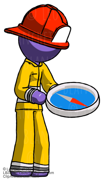 Purple Firefighter Fireman Man Looking At Large Compass Facing Right #13915