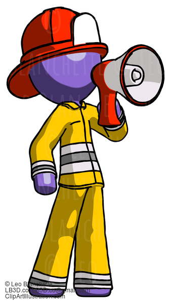 Purple Firefighter Fireman Man Shouting Into Megaphone Bullhorn Facing Right #13917