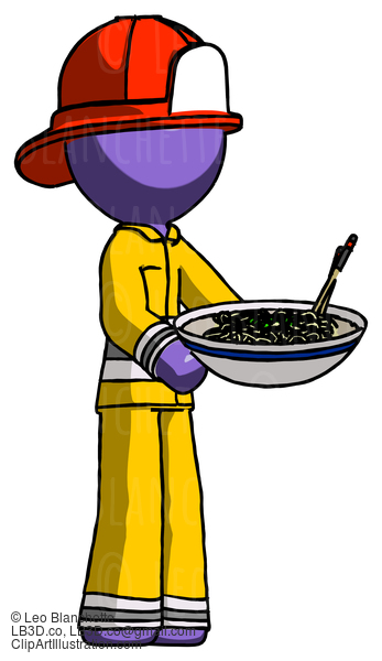 Purple Firefighter Fireman Man Holding Noodles Offering To Viewer #13918