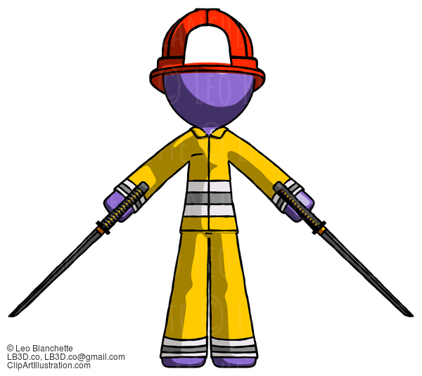 Purple Firefighter Fireman Man Posing With Two Ninja Sword Katanas #13923