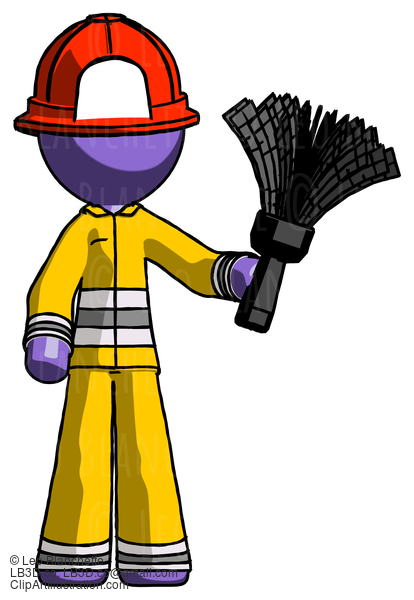 Purple Firefighter Fireman Man Holding Feather Duster Facing Forward #13925