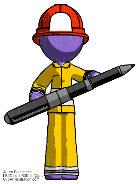 Purple Firefighter Fireman Man Posing Confidently With Giant Pen #13927