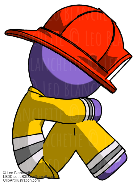 Purple Firefighter Fireman Man Sitting With Head Down Facing Sideways Right #13931