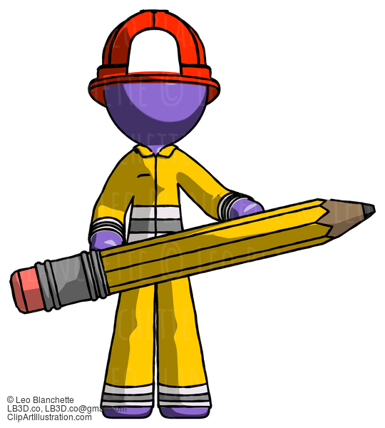 Purple Firefighter Fireman Man Writer Or Blogger Holding Large Pencil #13942