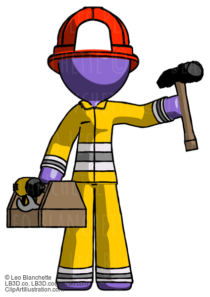 Purple Firefighter Fireman Man Holding Tools And Toolchest Ready To Work #13943