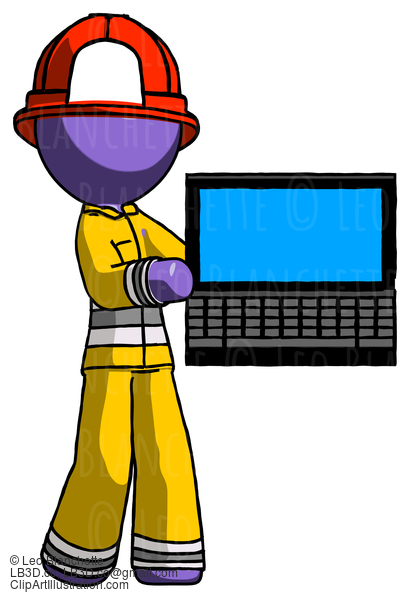 Purple Firefighter Fireman Man Holding Laptop Computer Presenting Something On Screen #13949