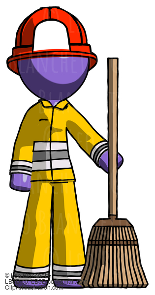 Purple Firefighter Fireman Man Standing With Broom Cleaning Services #13956