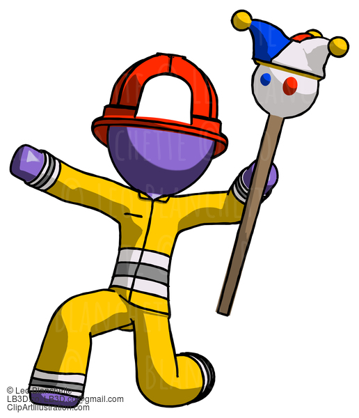 Purple Firefighter Fireman Man Holding Jester Staff Posing Charismatically #13958