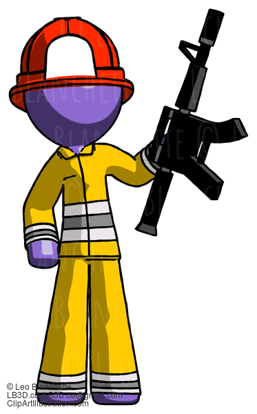 Purple Firefighter Fireman Man Holding Automatic Gun #13960