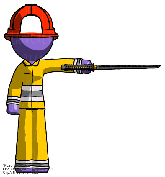 Purple Firefighter Fireman Man Standing With Ninja Sword Katana Pointing Right #13964