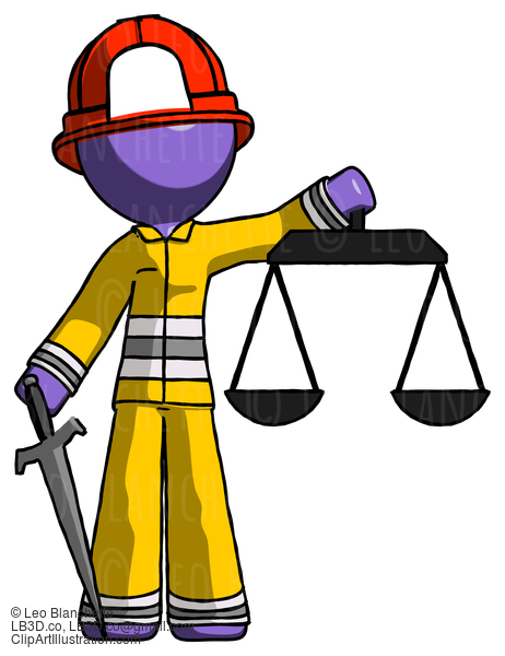 Purple Firefighter Fireman Man Justice Concept With Scales And Sword, Justicia Derived #13965