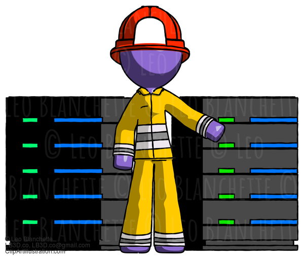 Purple Firefighter Fireman Man With Server Racks, In Front Of Two Networked Systems #13966