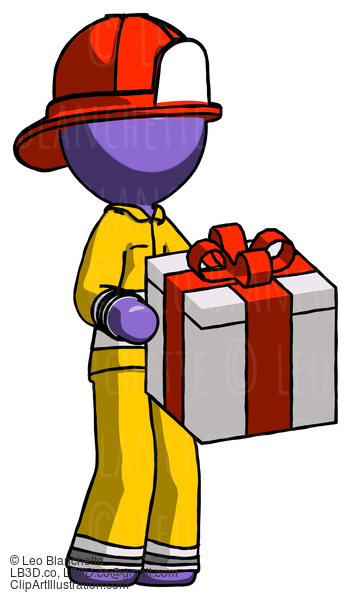 Purple Firefighter Fireman Man Giving A Present #13968