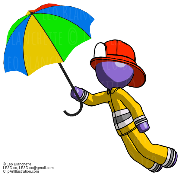 Purple Firefighter Fireman Man Flying With Rainbow Colored Umbrella #13972