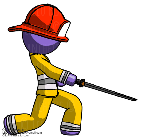 Purple Firefighter Fireman Man With Ninja Sword Katana Slicing Or Striking Something #13975