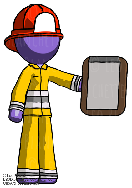 Purple Firefighter Fireman Man Showing Clipboard To Viewer #13982