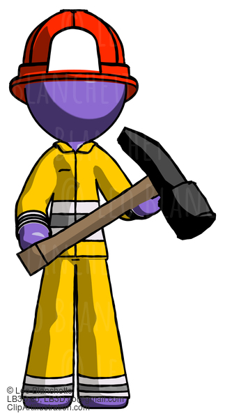 Purple Firefighter Fireman Man Holding Hammer Ready To Work #13987