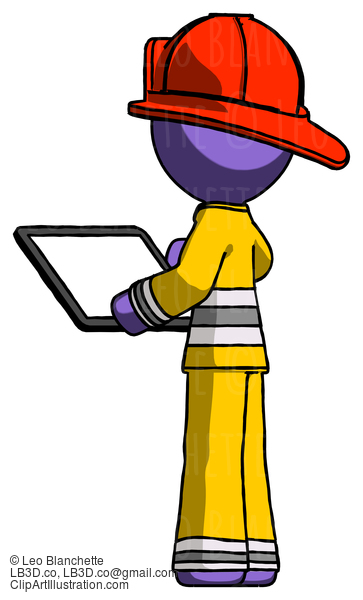 Purple Firefighter Fireman Man Looking At Tablet Device Computer With Back To Viewer #14005