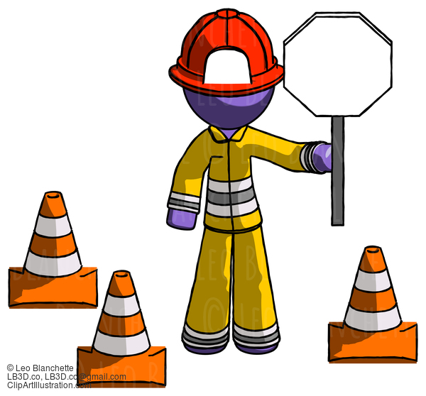 Purple Firefighter Fireman Man Holding Stop Sign By Traffic Cones Under Construction Concept #14008