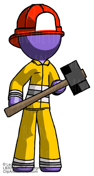 Purple Firefighter Fireman Man With Sledgehammer Standing Ready To Work Or Defend #14014