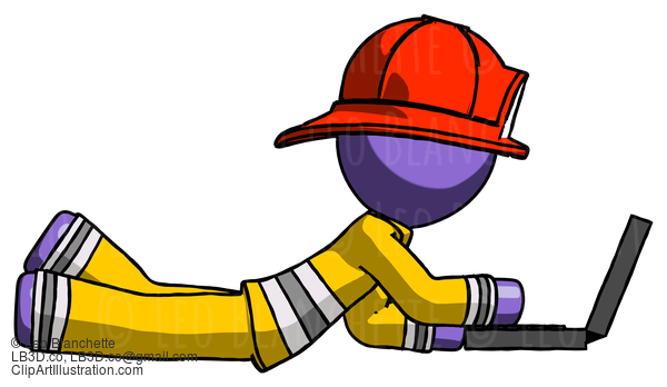 Purple Firefighter Fireman Man Using Laptop Computer While Lying On Floor Side View #14015