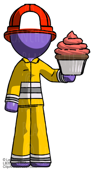 Purple Firefighter Fireman Man Presenting Pink Cupcake To Viewer #14016