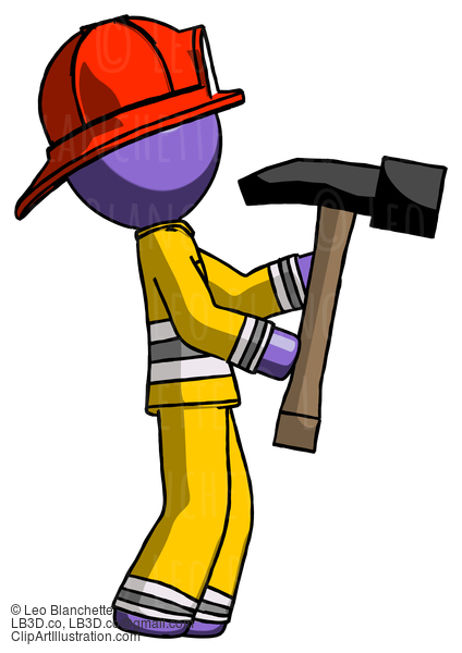 Purple Firefighter Fireman Man Hammering Something On The Right #14018