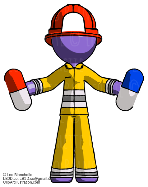 Purple Firefighter Fireman Man Holding A Red Pill And Blue Pill #14026