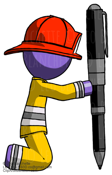 Purple Firefighter Fireman Man Posing With Giant Pen In Powerful Yet Awkward Manner. #14036