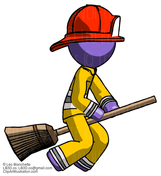 Purple Firefighter Fireman Man Flying On Broom #14040