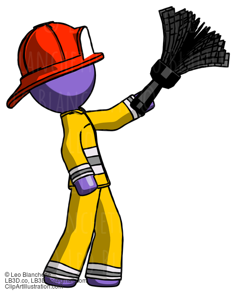 Purple Firefighter Fireman Man Dusting With Feather Duster Upwards #14049