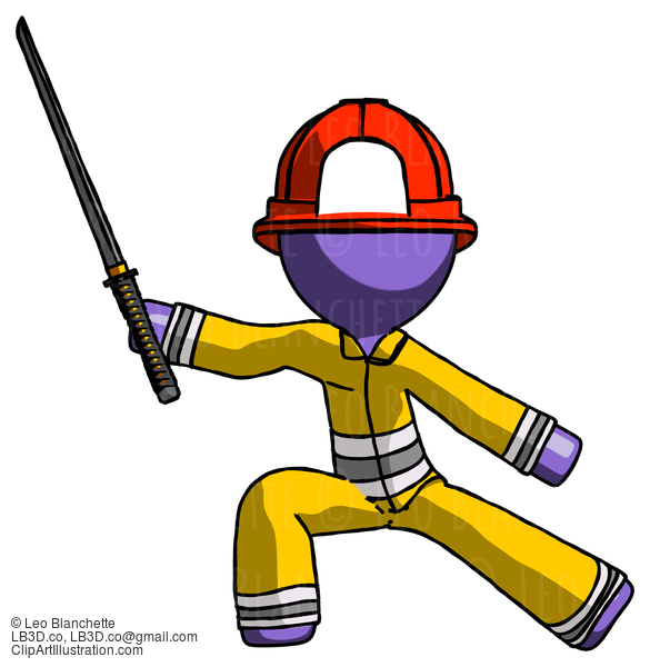 Purple Firefighter Fireman Man With Ninja Sword Katana In Defense Pose #14050