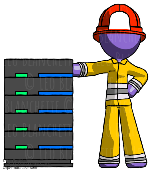 Purple Firefighter Fireman Man With Server Rack Leaning Confidently Against It #14051